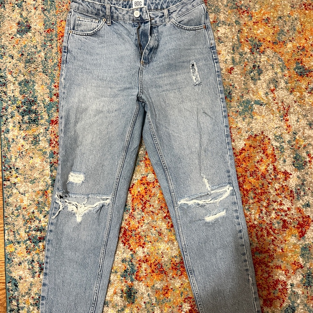 High waisted distressed light wash mom jeans